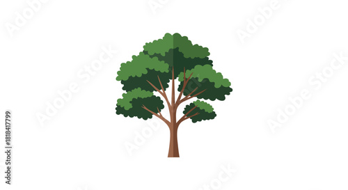Stylized vector tree illustration with lush green foliage and a sturdy brown trunk on a bright white background in minimalist design