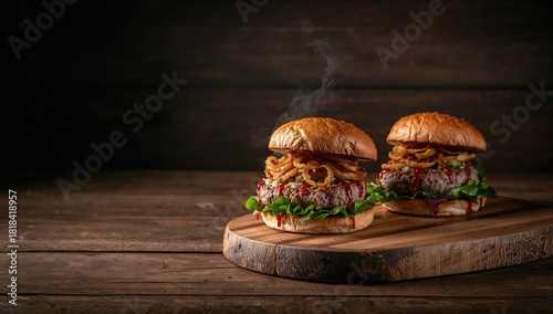 Two hamburgers with beef cu...