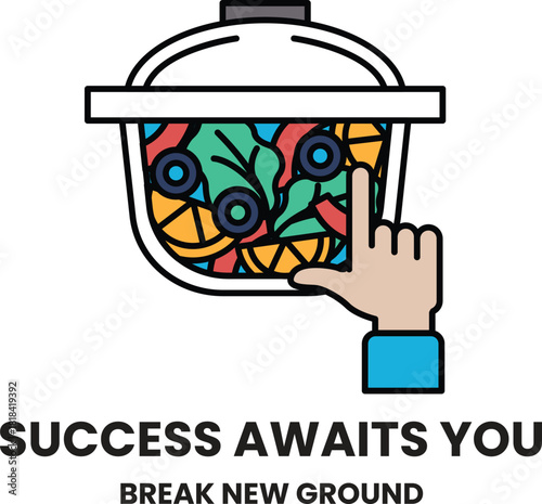 A hand pointing to a pot of food with the words success awaits you