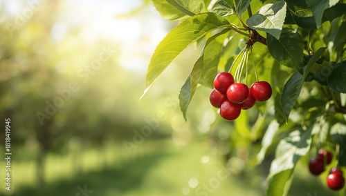 Sour cherries on the tree ready for harvest, emphasizing seasonal fruit ripening