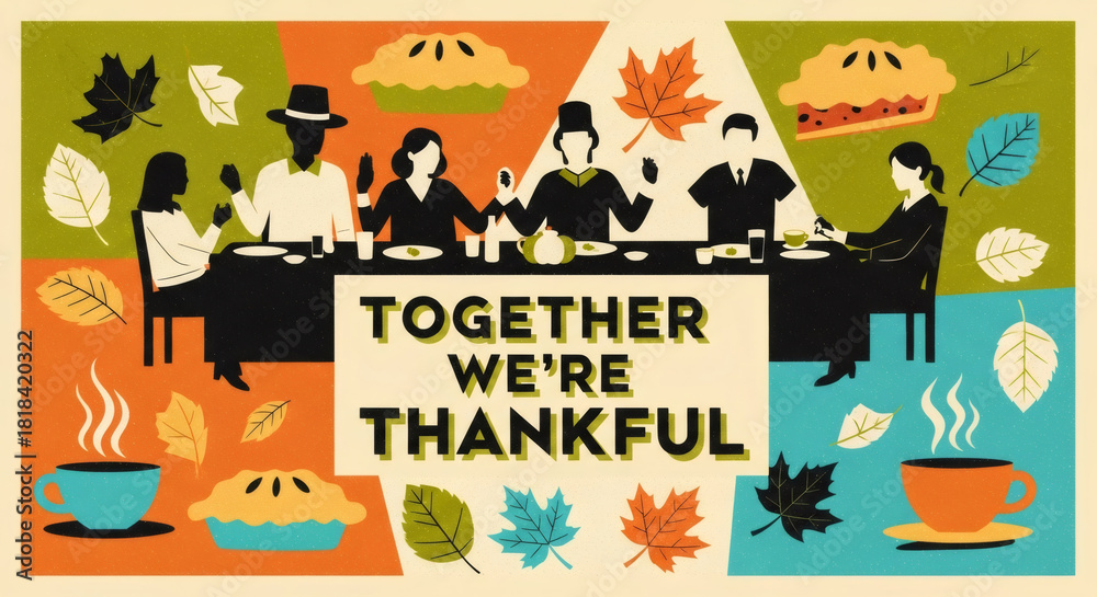 Fototapeta premium Group of men and women family gathering for Thanksgiving dinner with text together we are thankful for greeting card,