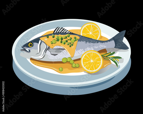 Fresh grilled sea bass with lemon wedges and green peas served on white plate for healthy seafood meal - Vector Illustration