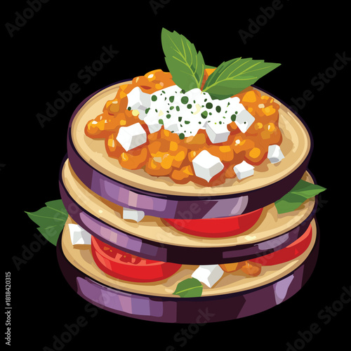 Delicious baked eggplant parmigiana tower with tomato sauce and feta cheese for elegant mediterranean vegetarian dining experience - Vector Illustration