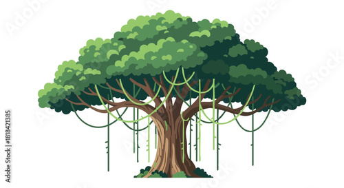 Stylized Banyan Tree Illustration with Lush Green Canopy and Trailing Aerial Roots for Digital Art  Backgrounds and Environmental Concepts