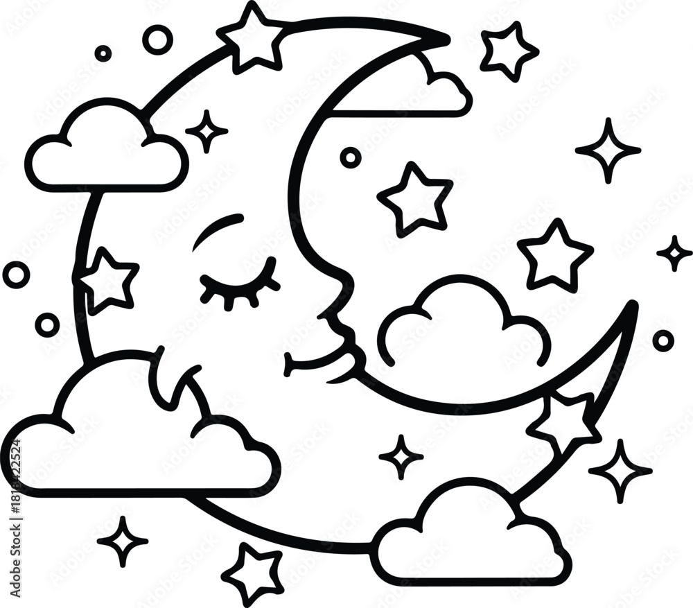 Obraz premium Sleeping crescent moon character with closed eyes, surrounded by clouds, stars, and twinkling sparkles in outline art