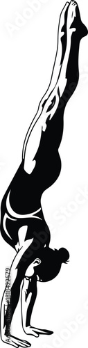 Stylized black and white illustration of a woman performing a perfect handstand athletic pose, showing strength and balance.
