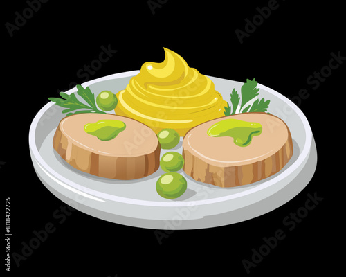 Savory sliced meat dish with creamy yellow dip and fresh green peas for elegant gourmet restaurant dinner plate - Vector Illustration