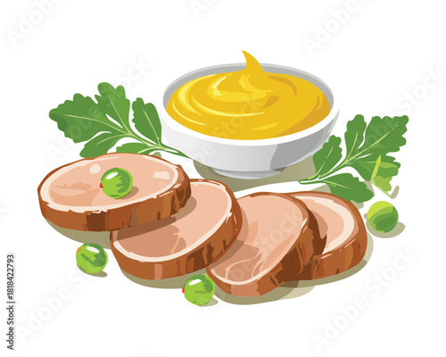 Gourmet sliced roast meat served with green peas and yellow mustard sauce for delicious holiday dinner party feast - Vector Illustration