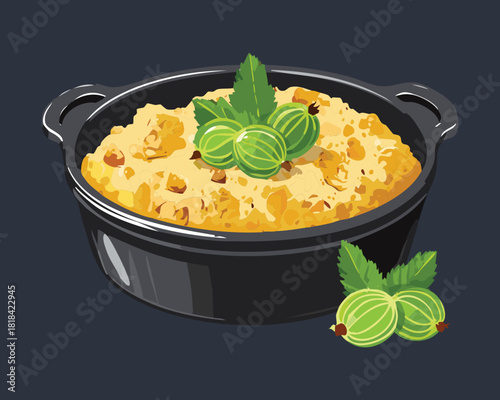 Delicious baked gooseberry cobbler with golden crust and fresh green fruit garnish for cozy seasonal family dinner dessert - Vector Illustration