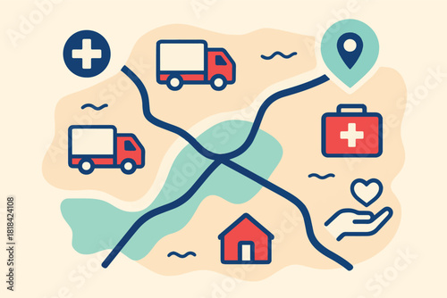 Medical Delivery Service Map Icons Healthcare Logistics and Transport Route Concept