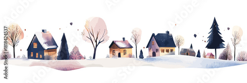 Minimalist winter landscape vector with snow covered houses, bare trees and pine trees in soft pastel colors for holiday background
