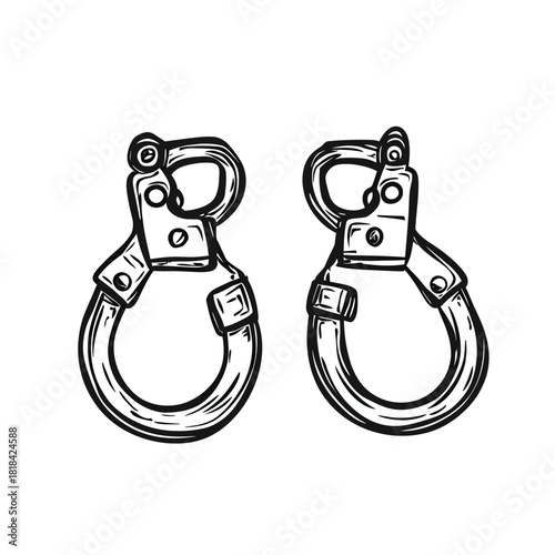 Detailed hand drawn sketch of metal handcuffs in doodle style isolated on white background with safety lock clasp and chain link for crime and law enforcement concept illustration