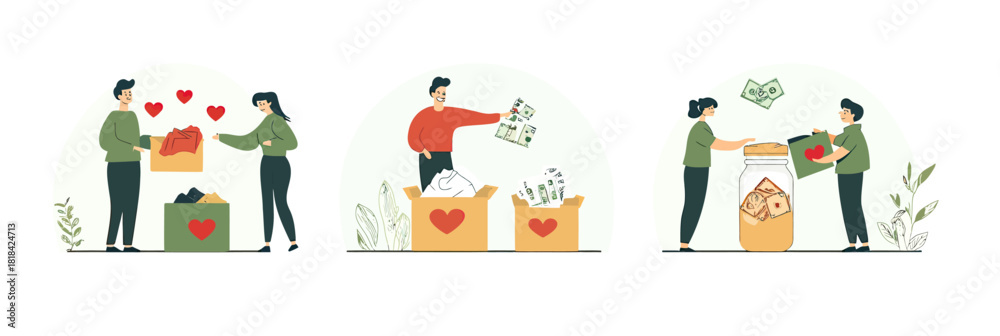 Fototapeta premium Volunteers donating clothes money hearts placing donations in boxes jars charity support giving aid concept flat vector illustration