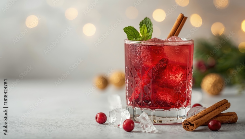 Fototapeta premium Spicy cranberry cocktail garnished with cinnamon stick and mint, suitable for seasonal celebrations