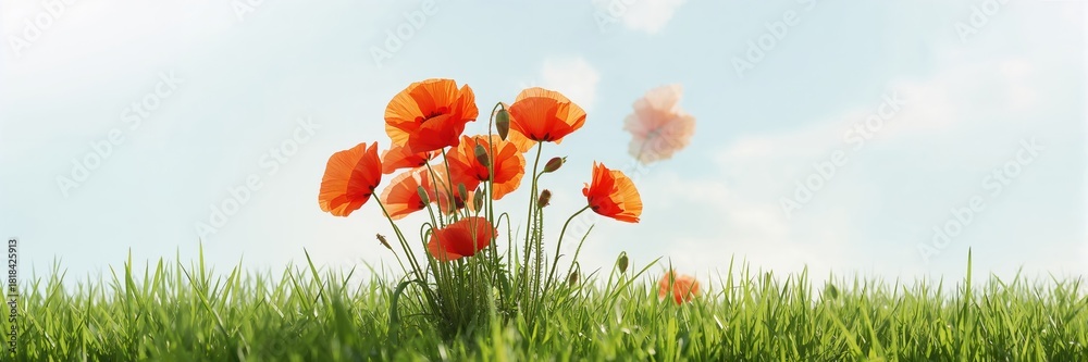 Fototapeta premium Bright orange and red poppies isolated against a blue background, ideal for floral pattern backgrounds or editorial layouts