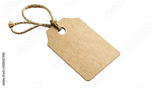 A blank paper tag, attached to a looped natural twine, against a black backdrop