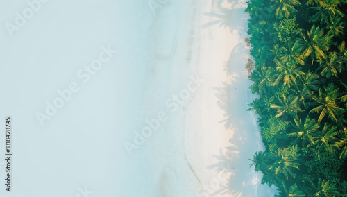Fototapeta Naklejka Na Ścianę i Meble -  Aerial view of a sandy beach lined with palm trees and calm water, ideal for relaxation or leisure activities