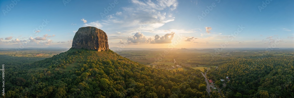 Obraz premium Wide-angle drone shot of Aso Rock in Nigeria's federal capital area emphasizing urban landscape, Earth Day