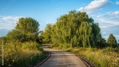 Winding country road lined ...