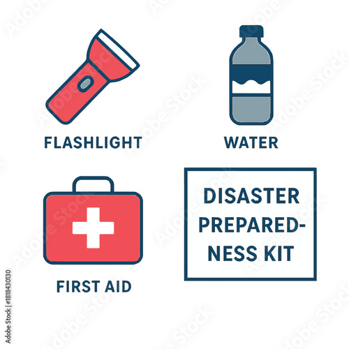 Essential supplies for emergency preparedness, including a flashlight, first-aid kit, and bottled water for survival situations
