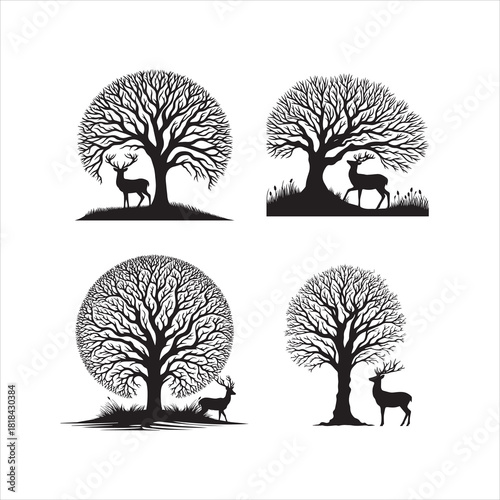 Leafless winter tree, a deer standing under the tree vector, isolated on white background. flat style vector illustration on white background.