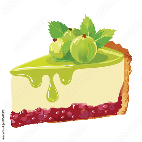 Elegant slice of green gooseberry tart with fresh fruit topping and mint leaves for healthy organic dessert - Vector Illustration