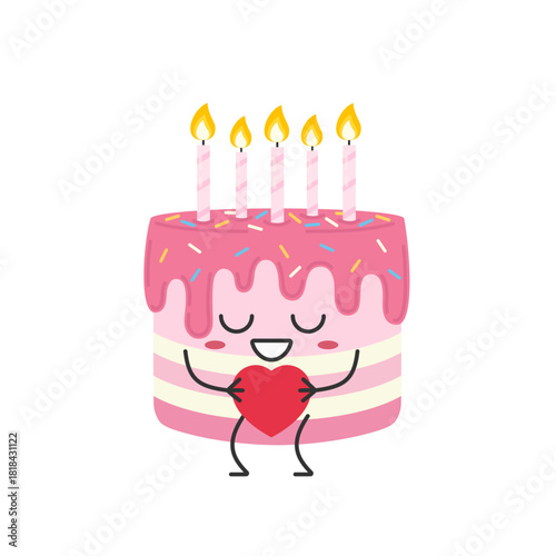 Celebration cake with candles, cute cartoon character holds a heart love symbol, likes sweet baked goods, pastry, smiles face kawaii joy happy emotions icon vector illustration.