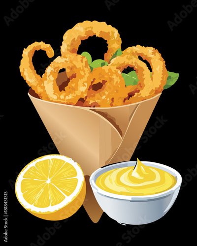 Crispy fried calamari with mayonnaise sauce and fresh lemon slices served as delicious seafood appetizer menu dish - Vector Illustration