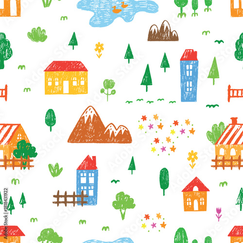 Pencil drawing seamless pattern. Children drawn crayon village houses, tree, flowers, lake and mountain. Nature countryside print, nursery vector background
