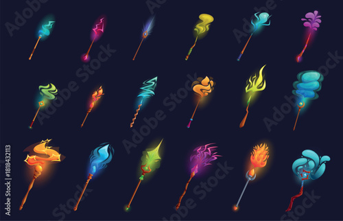 Witch light effects. Wooden magic wands and staffs in spells process. Vibrant lightning effect. Cartoon magical power elements, fairy tale sapid vector set