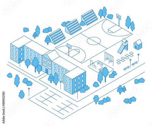 Isometric school concept. College, university building with sport court. Kindergarten playground, benches and park elements. Schoolyard nifty vector scene