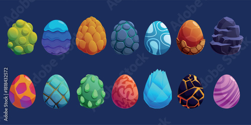 Cartoon magic eggs. Fantasy creatures egg with decorative vibrant shell. Dragons, dinosaurs, monsters or aliens elements. Fairy tale sapid vector clipart