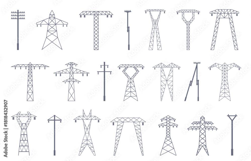 Fototapeta premium Electric pylons flat icons. Line poles silhouettes, high voltage pylon. Isolated power transmission infrastructure, energy network elements, sapid vector set