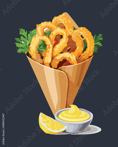 Crispy fried calamari rings in paper cone with creamy dipping sauce and lemon for delicious street food - Vector Illustration