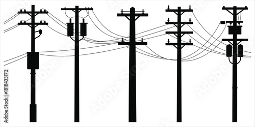 Five Silhouetted Utility Poles with Transformers and Wires on White Background power line electricity