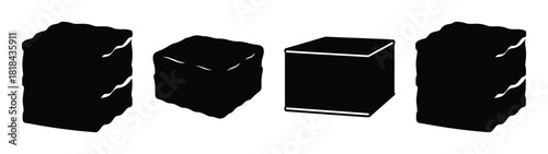 Four dark cubes presented in a row with slight variations in perspective and orientation