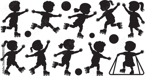 Children Playing Icon in Silhouette Style. A joyful illustration of kids jumping, running, and having fun