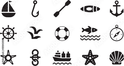 Beach Essentials Icon in Silhouette Style. A collection of summer-themed icons including hook, anchor, lifebuoy, beach ball, and flip-flops