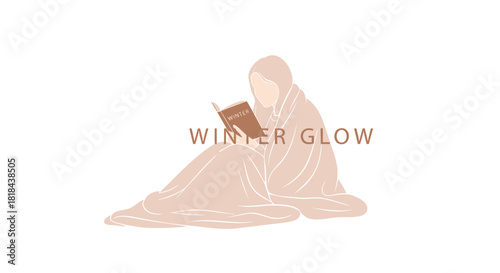 Cozy woman wrapped in a blanket reading a book titled winter with the text winter glow