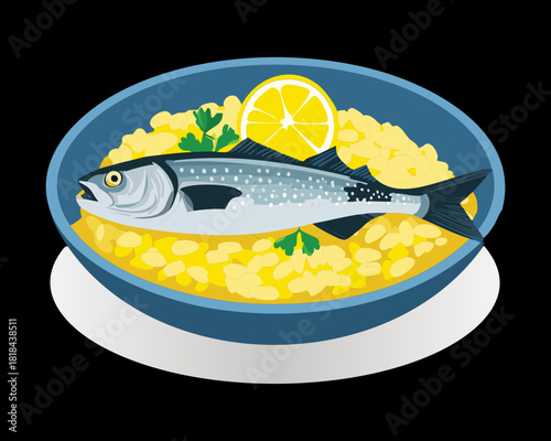 Traditional roasted mackerel fish with herb rice and fresh lemon slices for healthy mediterranean seafood meal - Vector Illustration