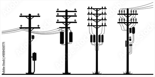 Collection of Four Silhouetted Utility Poles with Transformers and Wires power line electricity