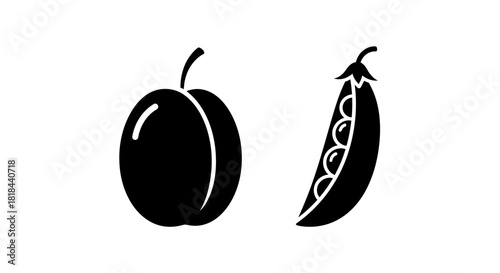Black silhouette illustration of a plum and a pea pod, side by side, on a white background.