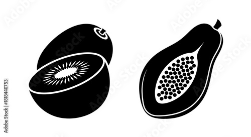 Black and white illustration of a whole kiwi fruit and a halved kiwi fruit, alongside a halved papaya fruit, all in a simple, graphic style.