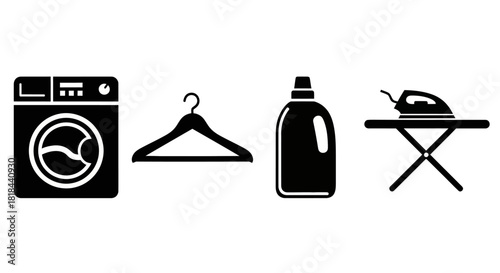 Black and white icons depicting laundry related items: washing machine, hanger, detergent bottle, and iron on ironing board.