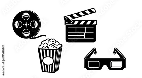 A black and white illustration featuring a film reel, clapperboard, popcorn container, and 3D glasses, representing the movie industry.