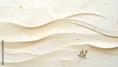 白とベージュの波 葉のシルエット入り和紙風背景