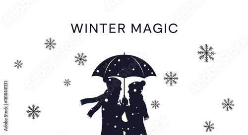 Couple silhouettes under umbrella enjoying snowy winter magic with falling snowflakes