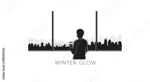 Silhouette of a person holding a coffee cup looking out a large window at a city skyline