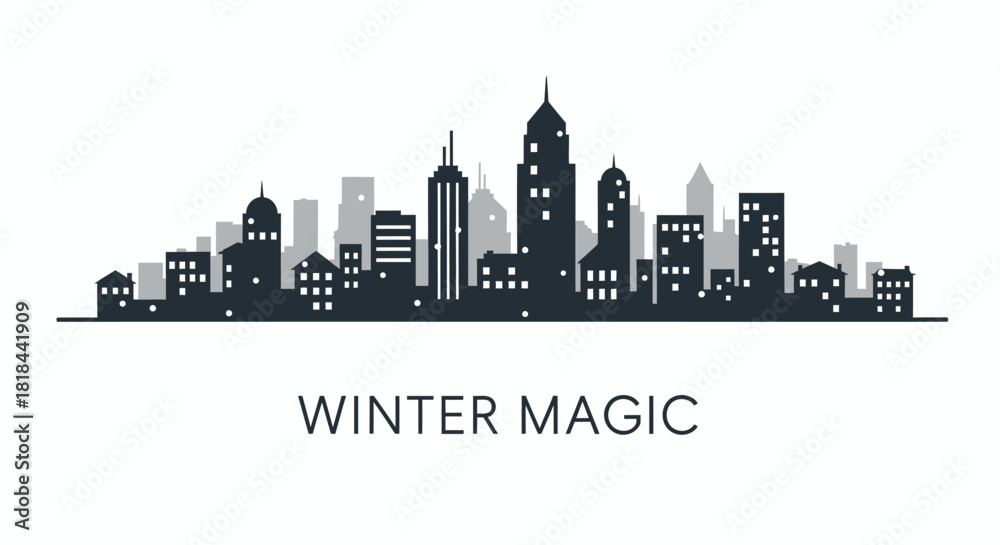 Fototapeta premium Stylized silhouette cityscape with buildings and windows against a white background with winter magic text