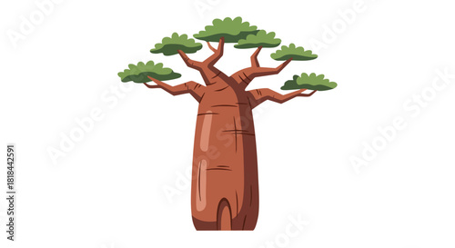 Cartoon baobab tree with thick trunk and sparse green foliage against a pristine white backdrop botanical illustration